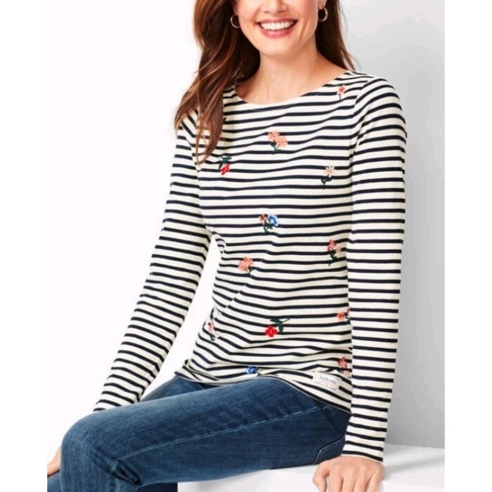 Talbots Authentic Tee Womens Medium Nautical‎ Stripes Floral Embroidery Classic